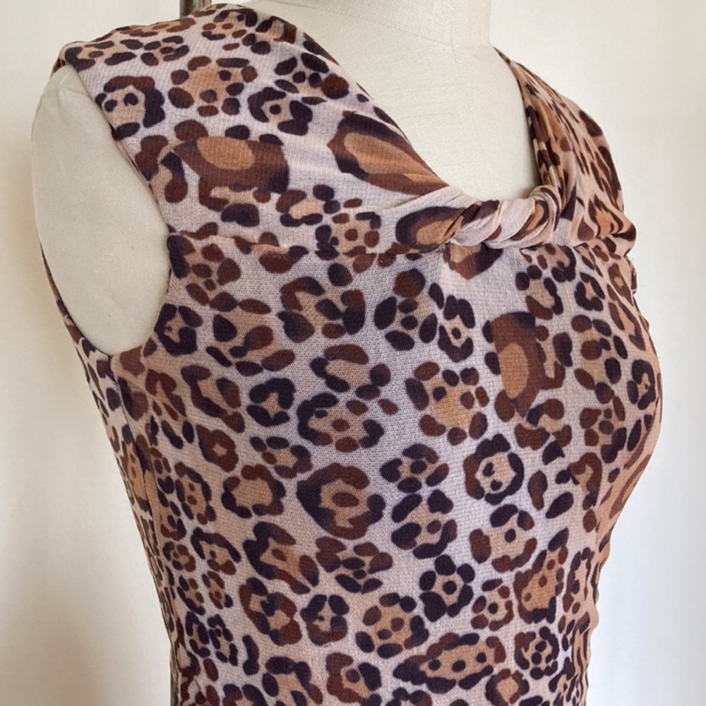 Weston Wear leopard mesh asymmetrical sleeveless top, lined, twisted neckline, S